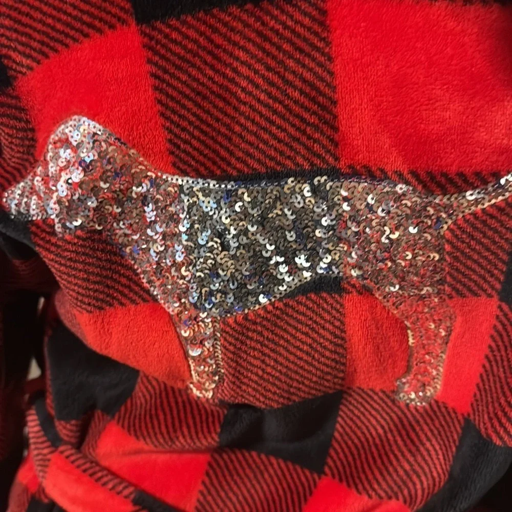 PINK Victoria’s Secret Red & Black Buffalo Plaid Sequin Dog Hooded Robe Sz. XS/S
